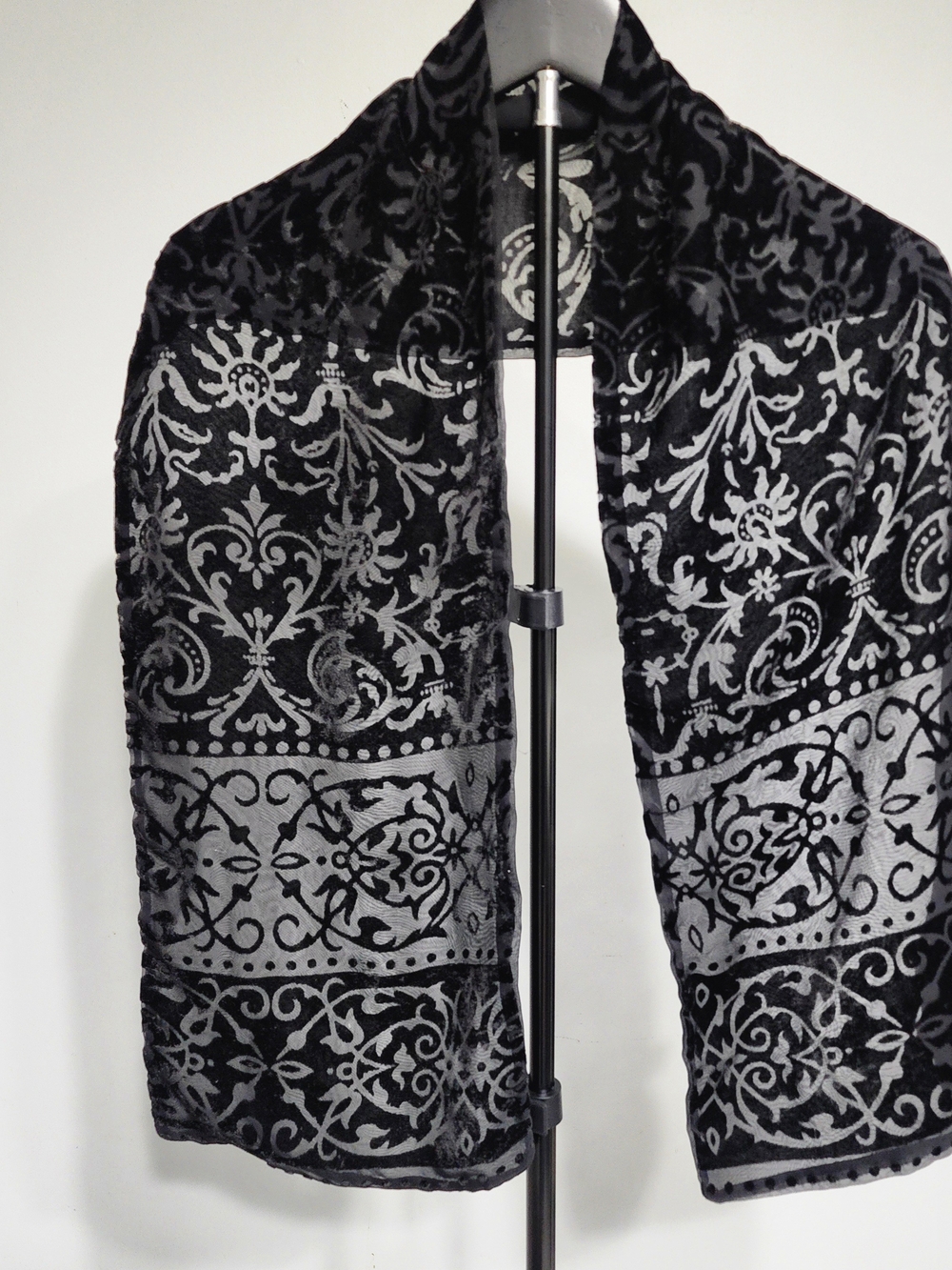 Black Burnout Pattern Scarf Sheer Velvet Floral Textured Evening Shawl